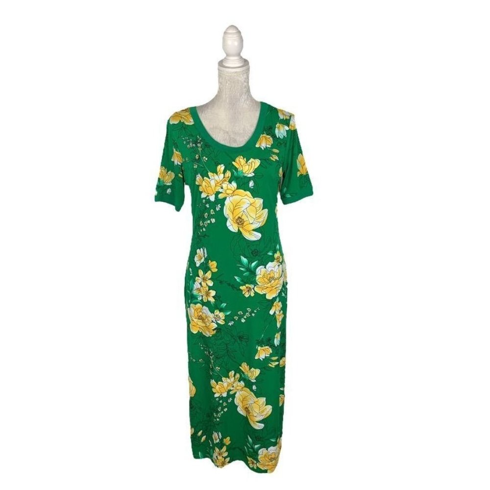 G.I.L.I. Floral Maxi Tshirt Dress Green Yellow Side Slits Stretch Cottagecore PS